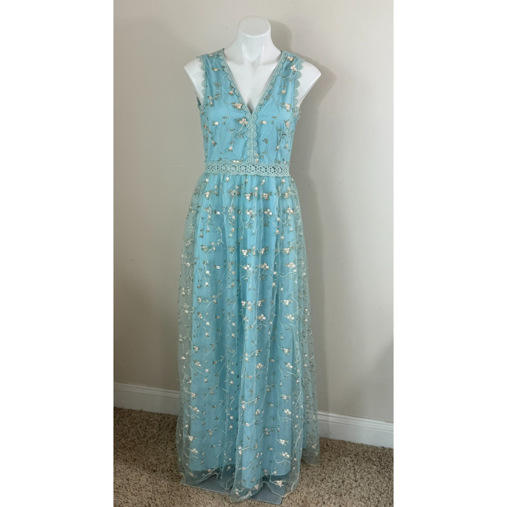 INA Embroidered Maxi Dress Women Size Large Blue Fairycore Cottagecore Ethereal